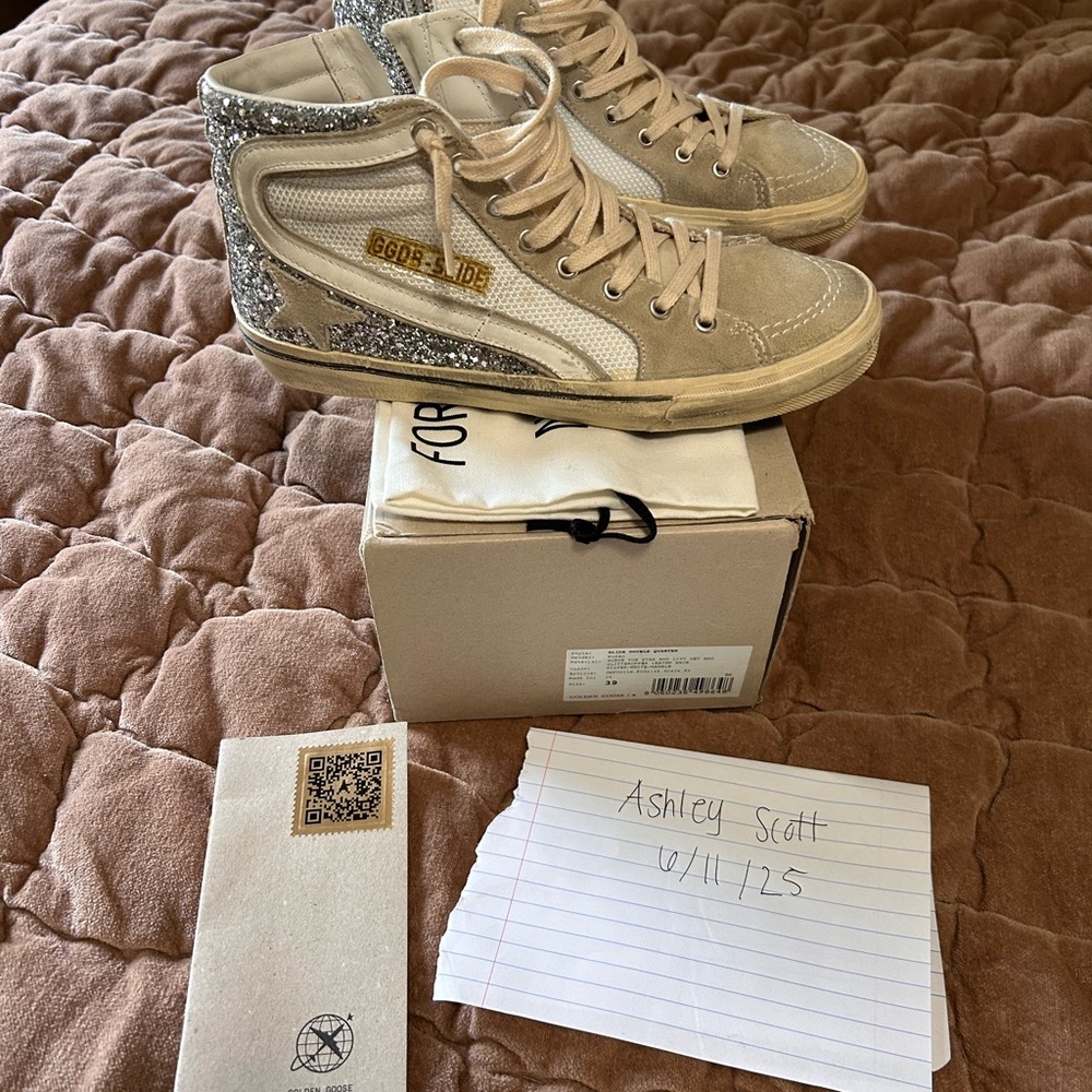Golden Goose Cream and Silver Sneakers with Vintage Aesthetic